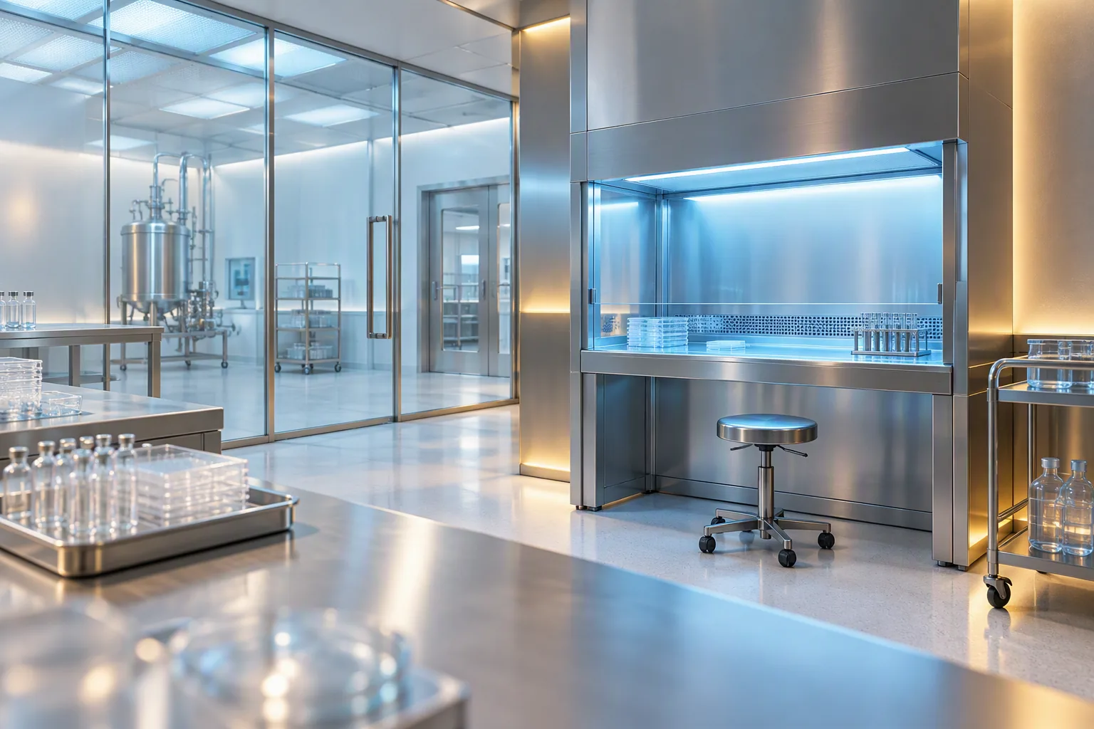 A pharmaceutical cleanroom with a laminar-flow hood