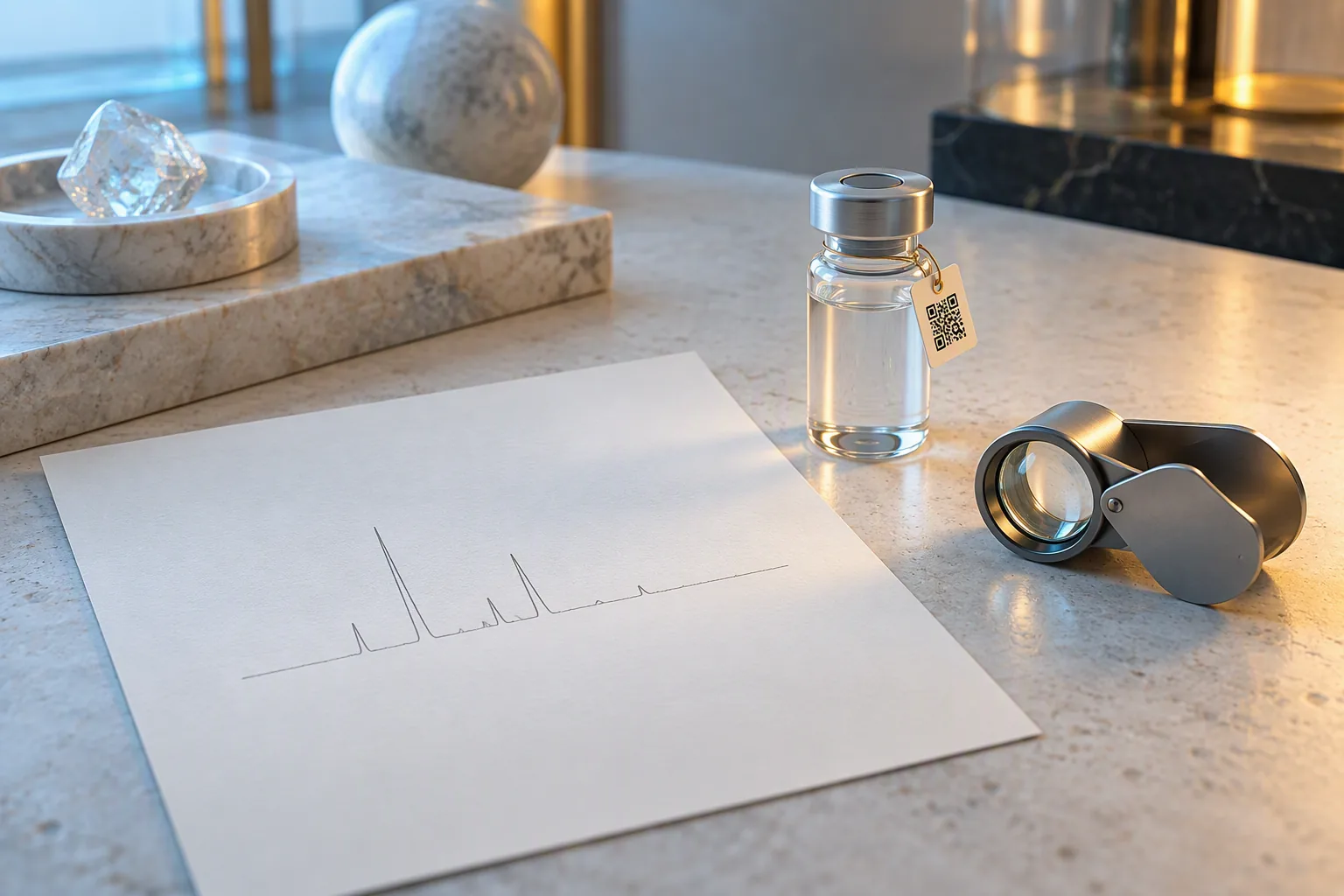 A certificate of analysis beside a vial with a code tag